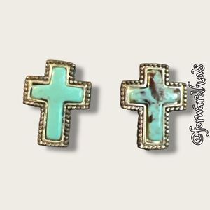 Bundle Sale 3 for $15 | Silver Tone Cross Earrings with Turquoise Color Centers